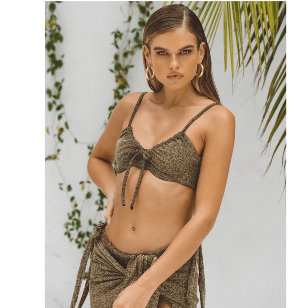 New Soah Soul Of A Hippie Shimmering Gold Metallic 2 Piece Bikini Swim Set, XS
